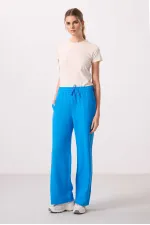 Tommylife Toptan Keten Geniş Paça Rahat Form Kadın Palazzo Pantolon - 94675 Mavi
