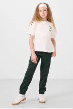 Ensemble de survêtement Tommylife Wholesale pour filles, col rond imprimé, ourlet élastiqué, coupe standard, réf. 75186, écru et vert pin