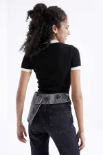 Tommylife Wholesale Black Basic Women's Crop Top T-Shirt with Sleeve Detail and Crew Neck - 97200