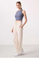 Tommylife Toptan Keten Geniş Paça Rahat Form Kadın Palazzo Pantolon - 94675 Natür