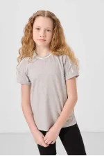 Tommylife Toptan Pamuklu O Yaka Oversize Fit Baskılı Kız Çocuk T Shirt 75177 Gri Melanj