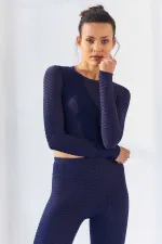 Tommylife Wholesale Indigo Self-Patterned Crew Neck Long Sleeve Women's Crop Top T-Shirt - 97153