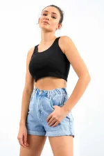 Débardeur court sans manches bleu marine Tommylife, coupe ajustée, col en U, pour femme - 97162