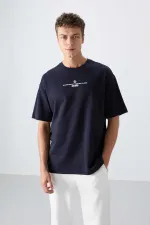 Tommylife Wholesale Crew Neck Oversize Printed Men's T-Shirt 88321 Navy Blue