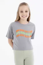 Tommylife Wholesale Grey Oversize Colorful Printed Drop Shoulder Crew Neck Girls Crop T-Shirt - 75038