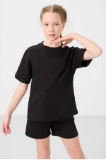 Tommylife Toptan Pamuklu Yumuşak Dokulu Standart Fit Basic Kız Çocuk Şort Takım 75184 Siyah