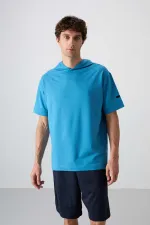 Tommylife Wholesale Hooded Oversize Basic Men's T-Shirt 88352 Petrol Blue