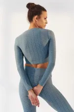 Tommylife Wholesale Mint Green Self-Patterned Crew Neck Long Sleeve Women's Crop Top T-Shirt - 97153