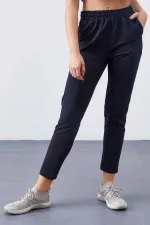 Tommylife Toptan Lacivert Yüksek Bel Jogger Rahat Form Dar Paça Kadın Eşofman Alt - 94566