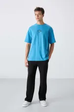 Tommylife Wholesale Crew Neck Oversize Printed Men's T-Shirt 88325 Petrol Blue