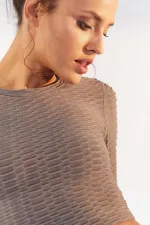 Tommylife Toptan Gri Kendinden Desenli O Yaka Uzun Kol Kadın Crop Top T-Shirt - 97153