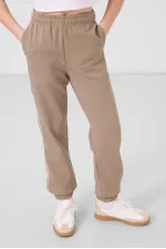 Tommylife Wholesale Crew Neck Printed Elasticated Hem Standard Fit Girls' Tracksuit Set 75186 Ecru Dark Beige