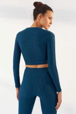 Tommylife Toptan Zümrüt Kendinden Desenli O Yaka Uzun Kol Kadın Crop Top T-Shirt - 97153