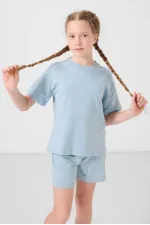 Ensemble short basique pour fille Tommylife, en coton doux texturé, coupe standard, bleu clair, référence 75184