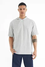 Tommylife Toptan Gri Melanj Kapüşonlu Kol Etiket Detaylı Oversize Erkek T-Shirt - 88179