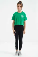 Tommylife Toptan Yeşil Ön Arka Baskılı O Yaka Düşük Omuz Oversize Kısa Kollu Kız Çocuk T-Shirt - 75126