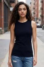 Tommylife Toptan Lacivert Slim Fit Basic O Yaka Sıfır Kol Kadın Atlet - 97313