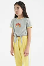 Tommylife Wholesale Grey Melange Print Detail Crew Neck Multicolored Tie Detail Girls' T-Shirt - 75113