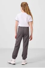 Ensemble de survêtement Tommylife Wholesale pour filles, col rond imprimé, ourlet élastiqué, poche cargo, réf. 75173, blanc et gris foncé