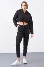 Tommylife Toptan Siyah Yüksek Bel Jogger Rahat Form Dar Paça Kadın Eşofman Alt - 94566