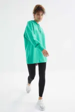 Tommylife Toptan Deniz Yeşili Reglan Kol Basic Kapüşonlu Oversize Tunik - 97242
