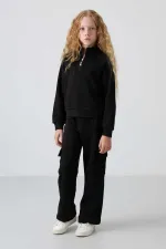 Tommylife Toptan 7-15 Yaş Dik Yaka Standart Kalıp Kız Çocuk Eşofman Takımı 75159 Siyah