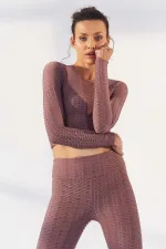 Tommylife Toptan Gül Kurusu Kendinden Desenli O Yaka Uzun Kol Kadın Crop Top T-Shirt - 97153