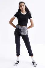 Tommylife Wholesale Black Basic Women's Crop Top T-Shirt with Sleeve Detail and Crew Neck - 97200