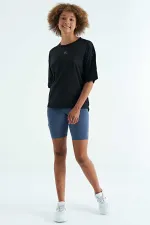 Tommylife Toptan Siyah O Yaka Baskı Detaylı Oversize Kısa Kol Kadın T-Shirt - 97263