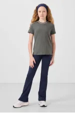 Tommylife Toptan Pamuklu O Yaka Oversize Fit Baskılı Kız Çocuk T Shirt 75177 Haki