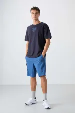 Tommylife Wholesale Crew Neck Oversize Printed Men's T-Shirt 88333 Navy Blue