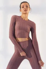 Tommylife Toptan Gül Kurusu Kendinden Desenli O Yaka Uzun Kol Kadın Crop Top T-Shirt - 97153