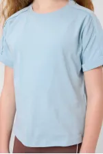 Tommylife Toptan Pamuklu O Yaka Oversize Fit Basic Kız Çocuk T Shirt 75182 Açık Mavi