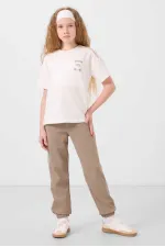 Tommylife Wholesale Crew Neck Printed Elasticated Hem Standard Fit Girls' Tracksuit Set 75186 Ecru Dark Beige