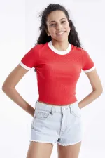 Tommylife Toptan Nar Çiçeği Basic Kol Detaylı O Yaka Kadın Crop Top T-Shirt - 97200