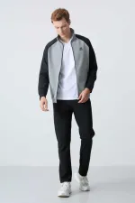 Tommylife Toptan Rahat Kalıp Dik Yaka Klasik Paça Erkek Eşofman Takımı 85113 Gri Melanj - Siyah