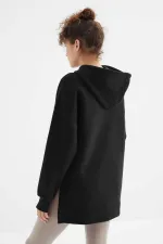 Tommylife Wholesale Black Raglan Sleeve Basic Hooded Oversize Tunic - 97242