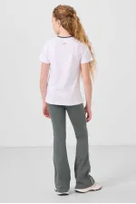 Tommylife Toptan Pamuklu O Yaka Standart Fit Basic İspanyol Paça Kız Çocuk Tayt Takım 75192 Beyaz Haki