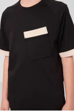 T-shirt garçon Tommylife Wholesale en coton doux texturé, coupe oversize, avec poche, référence 11295, noir