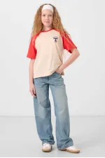 Tommylife Toptan O Yaka  Pamuklu Baskılı Oversize Fit Kız Çocuk T Shirt 75179 Bej