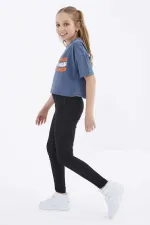 Tommylife Toptan Petrol Oversize Renkli Yazı Baskılı Düşük Omuz O Yaka Kız Çocuk Crop T-Shirt  - 75038