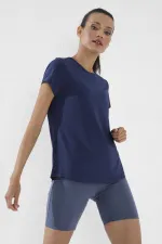 Tommylife Toptan İndigo Basic Kısa Kol Standart Kalıp O Yaka Kadın T-Shirt - 97144