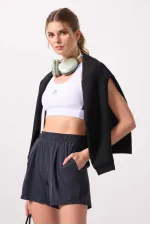 Tommylife Toptan Polyester Gizli Cep Fermuarlı Rahat Form Kadın Şort - 91014 Antrasit