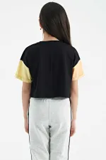 Tommylife Toptan Siyah Yazı Baskılı O Yaka Düşük Omuzlu Oversize Kız Çocuk T-Shirt - 75130