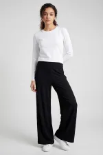 Tommylife Wholesale Black Comfort Fit Wide Leg Corset Palazzo Women's Trousers - 94681 Tommylife Wholesale Black Comfort Fit Wide Leg Corset Palazzo Women's Trousers - 94681