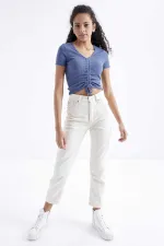 Tommylife Toptan Petrol Büzgü Detaylı V Yaka Kadın Crop Top T-Shirt - 97205
