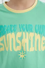 Tommylife Toptan Su Yeşili Renkli Yazı Baskılı O Yaka Oversize  Kısa Kollu Kız Çocuk T-Shirt - 75111
