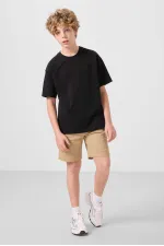 Tommylife Toptan Pamuklu Oversize Fit Dokuma Hafif Esnek Chino Erkek Çocuk Şort Takım 11279 Siyah-Koyu Bej