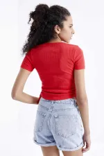 Tommylife Wholesale Pomegranate Blossom Basic Side Gathered O-Neck Women's Crop Top T-Shirt - 97203