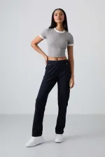 Tommylife Toptan Lacivert Taş Detaylı Cepli Rahat Form Klasik Paça Kadın Eşofman Altı - 94007